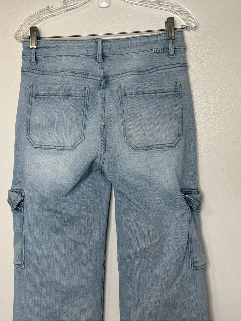 Risen Jeans High Rise Cargo Wide Leg Size 7/28  Blue Stretch Denim